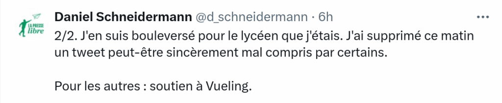 Tweet de Daniel Schneidermann : "2/2 J'en suis bouleversé pour le lycéen que j'étais. J'ai supprimé ce matin un tweet peut-être sincèrement mal compris par certains."