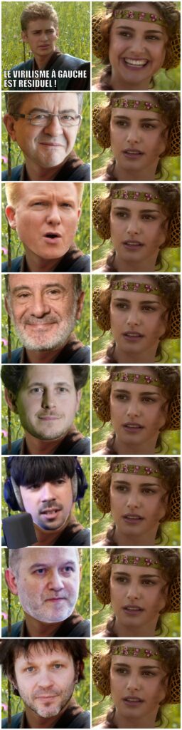 meme « anakin padmé Anakin : LE VIRILISME À GAUCHE EST RÉSIDUEL ! - Padmé : souriante Anakin en Mélenchon - Padmé inquiète Anakin en Quatennans - Padmé inquiète Anakin en Gérard Miller - Padmé inquiète Anakin en Julien Bayou - Padmé inquiète Anakin en Dany Caligula - Padmé inquiète Anakin en Denis Baupin - Padmé inquiète Anakin en Bertrand Cantat - Padmé inquiète
