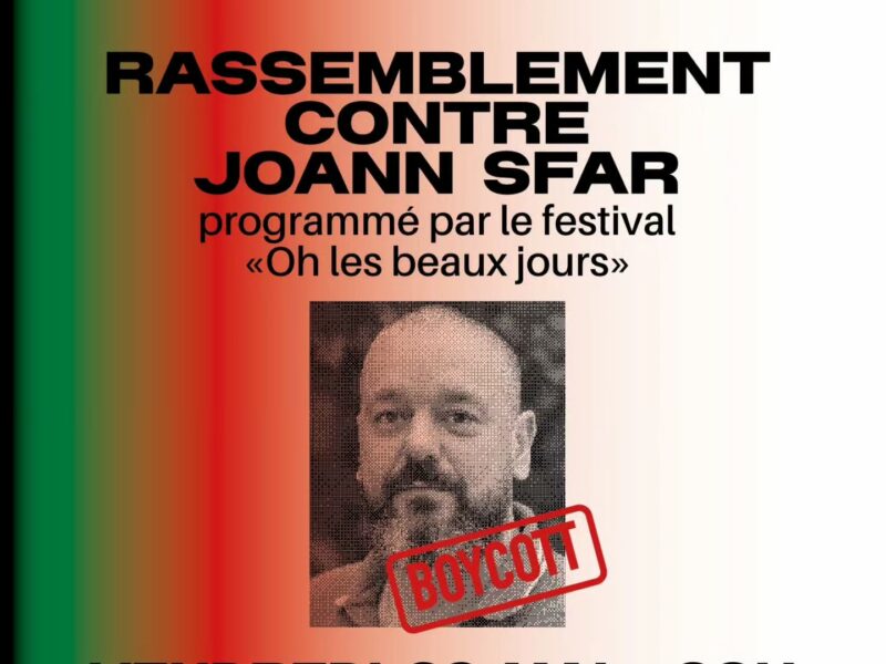 affiche de cultures_en_lutte_13 contre Joann Sfar avec le slogan "Sionistes hors de notre ville"