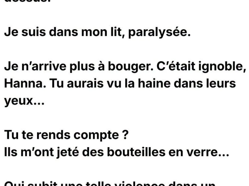 "J'ai l'impression de m'être fait rouler dessus. Je suis dans mon lit, paralysée. Je n'arrive plus à bouger. C'était ignoble, Hanna. Tu aurais vu la haine dans leurs yeux... Tu te rends compte ? Ils m'ont jeté des bouteilles en verre... Qui subit une telle violence dans un festival de musique ? "