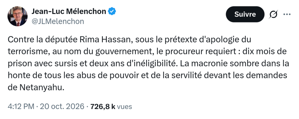 Capture d’écran d’un tweet de Jean-Luc Mélenchon (@JLMelenchon), publié le 20 octobre 2026 à 16 h 12, 726 800 vues : « Contre la députée Rima Hassan, sous le prétexte d’apologie du terrorisme, au nom du gouvernement, le procureur requiert : dix mois de prison avec sursis et deux ans d’inéligibilité. La macronie sombre dans la honte de tous les abus de pouvoir et de la servilité devant les demandes de Netanyahu. »